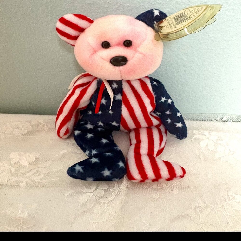1999 TY Patriotic Bear Beanie Baby SPANGLE Pink Face 9" Tag Protector